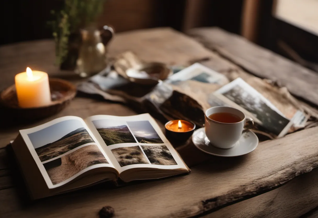 A printed photo book of travel photographs open on a table beside a cup of tea