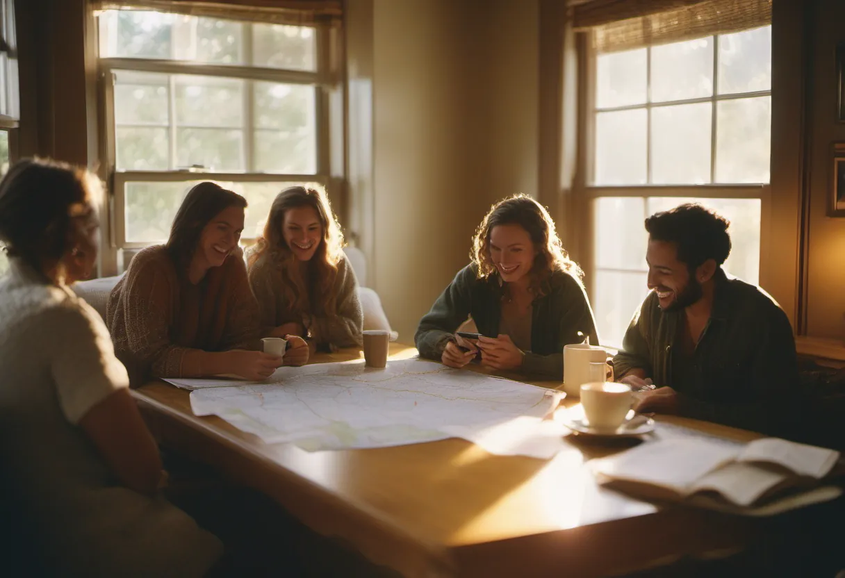 Friends around a table with a map and coffee, planning a trip in golden-hour light